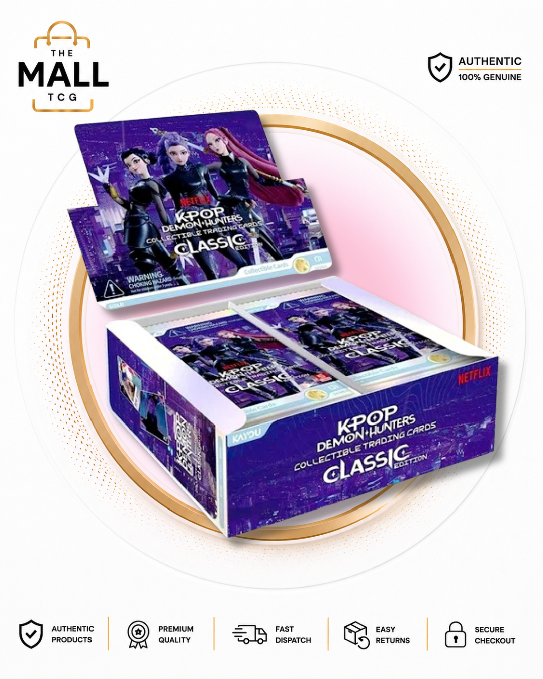 Shop Kayou KPop Demon Hunters Classic Edition Gold Series 01. Factory-sealed English booster box with 20 packs and 5 collectible cards per pack.
