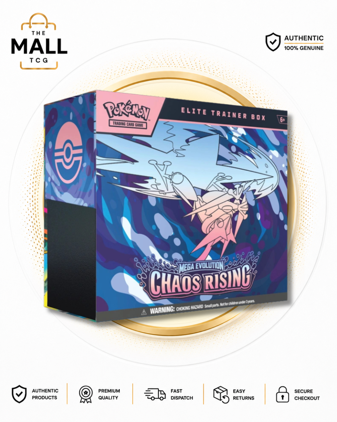Pokémon Mega Evolution Chaos Rising Elite Trainer Box with branding and product details.