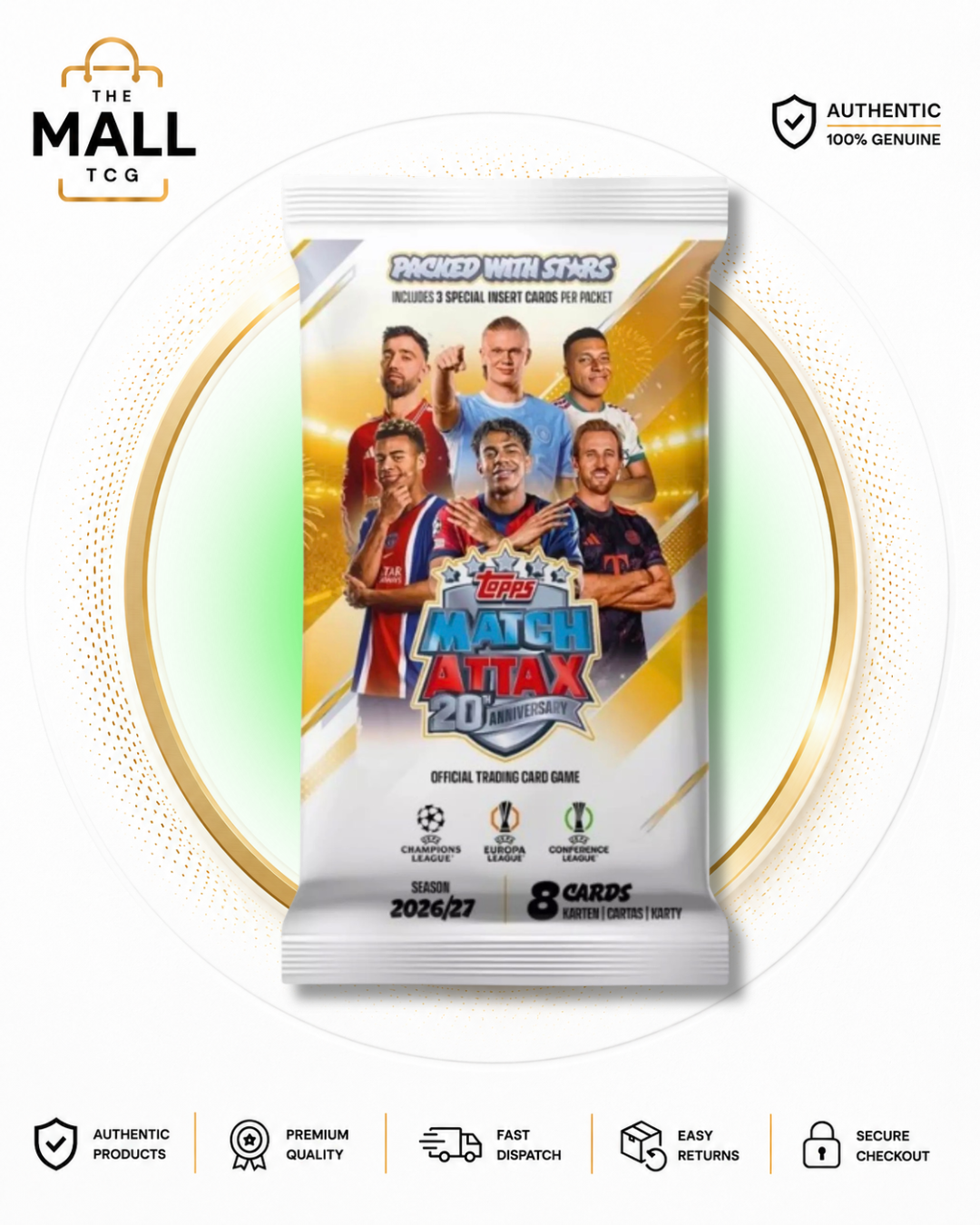 Topps Match Attax UEFA Club Competitions 2026 27 20th Anniversary Booster Pack 8 Football Trading Cards