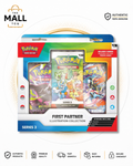 Pokémon First Partner Illustration Collection Series 3 English box with three illustration rare-style promo cards, two booster packs and a sticker sheet