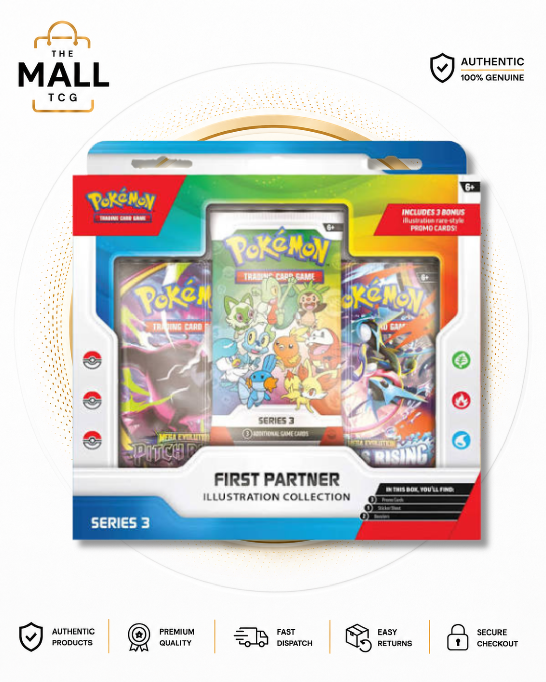 Pokémon First Partner Illustration Collection Series 3 English box with three illustration rare-style promo cards, two booster packs and a sticker sheet