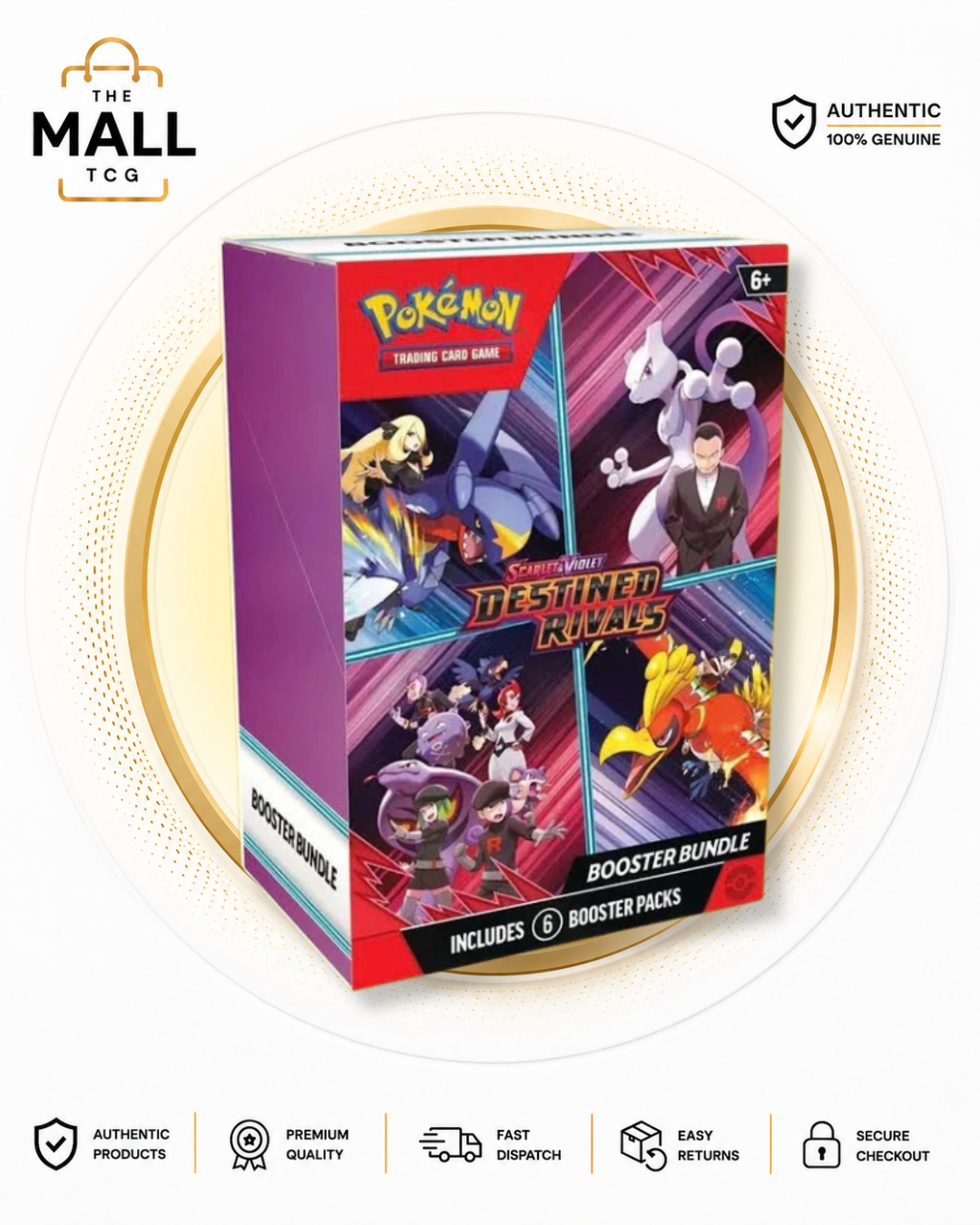 Pokémon Scarlet and Violet Destined Rivals English Booster Bundle containing 6 booster packs with 10 cards per pack