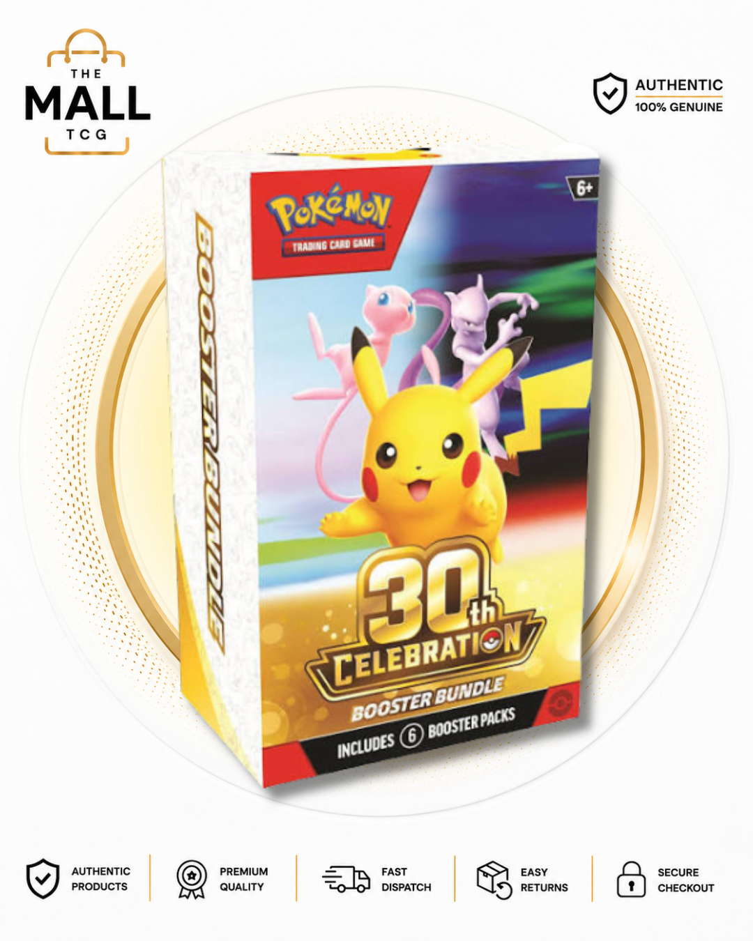 Pokémon 30th Celebration English Booster Bundle Box containing 6 Pokémon TCG booster packs in original sealed packaging